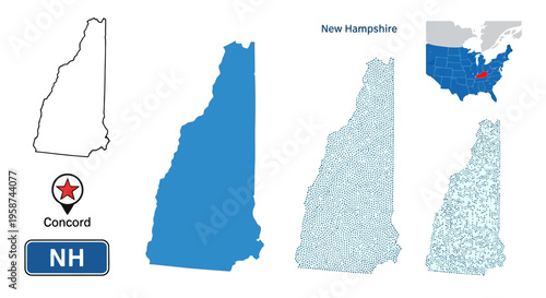 New Hampshire Maps Vector Collection State outline solid dotted plus capital and USA locator EPS10 Stock.eps