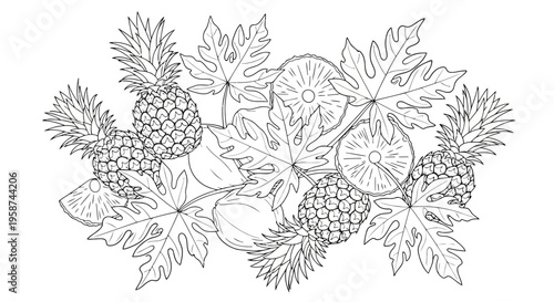 Tropical pineapple and papaya leaf outline drawing coloring page EPS10 Stock.eps