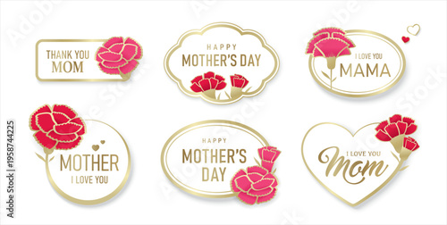 Mother’s Day badge and label collection with carnation flower, heart shape and elegant typography in flat decorative style, festive greeting card template set on a light background.