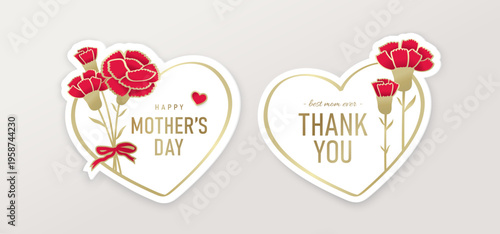 Mother’s Day heart card set with carnation flower, ribbon and elegant typography in flat decorative style, romantic greeting and thank you design on a soft neutral background.