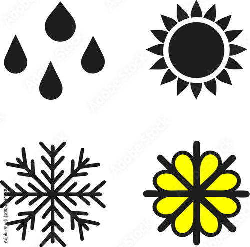 A collection of four simple vector icons representing weather conditions and seasonal changes nature