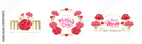 Mother’s Day banner set with carnation flower, heart and elegant typography in flat decorative style, romantic greeting label collection for festive celebration design.