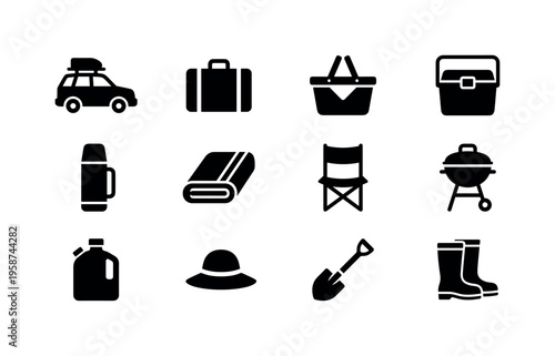 Collection of icons representing items for a countryside adventure and outdoor activities