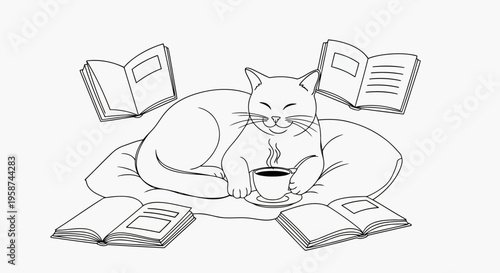 Relaxing Cat with Coffee and Books Line Art Vector – Minimal Cute Cat Illustration, Cozy Reading Theme