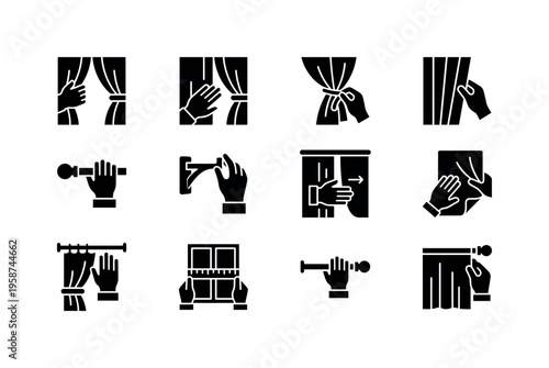 Set of icons illustrating curtain installation and manipulation actions