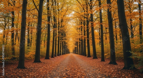 Serene Autumn Forest Path with Vibrant Fall Foliage and Tall Trees