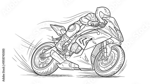 Confident motorcycle racer riding a powerful superbike on a speed circuit, action-packed line art.
