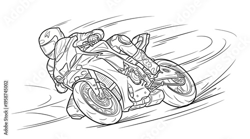 Extreme motorcycle racer leaning aggressively into a sharp curve on a speedway, black and white vector.