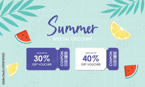 Summer Special Discount Coupon with Tropical Fruits and Leaves, Season summer Sale coupon. Sale flat template Tickets. For sale coupon. Minimalist pink coupon.