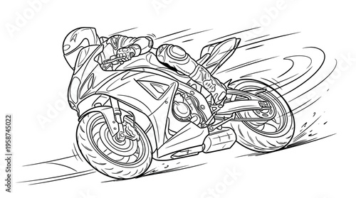 Determined motorcycle racer riding at high speed on a race track, detailed monochrome line drawing.