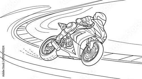 Speeding motorcycle racer expertly cornering on a race track, dynamic monochrome outline drawing.