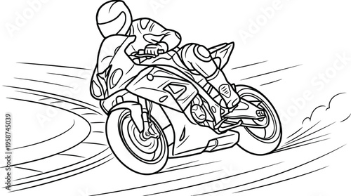 Professional motorcycle racer on a powerful superbike speeding on an asphalt track, monochrome line art.
