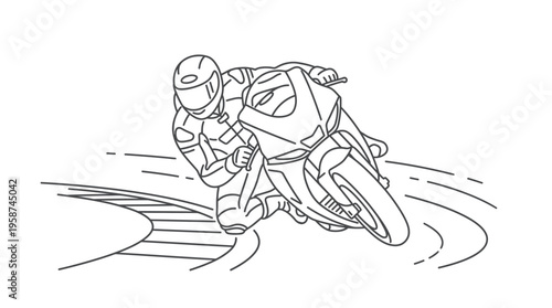 Dynamic motorcycle racer leaning into a sharp turn on a speed track, monochrome outline illustration.