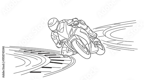 Rear view of a motorcycle racer turning on a race track, illustrating speed and precision, isolated white background.