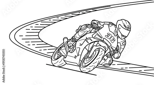 Motorcycle racer aggressively leaning into a sharp curve on a race track, isolated white background.
