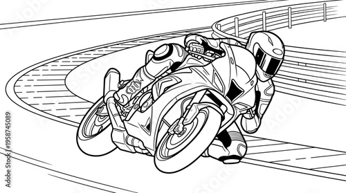 Monochrome Outline of a Motorcycle Racer Navigating a Banked Turn on a Racetrack with Barriers