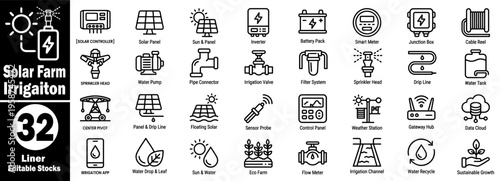 Solar farm irrigation liner editable stock vector icons set. Collection of solar controller, solar panel, inverter, battery pack vector illustration.