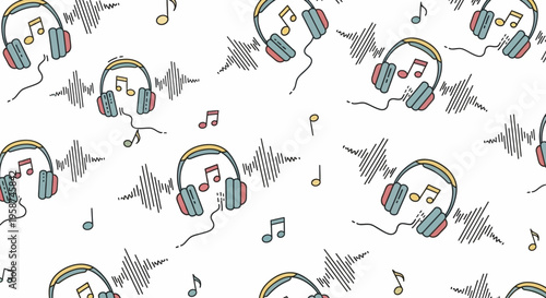 Headphones with music notes and sound waves.