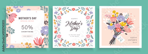 Mother's Day card collection with floral frames, sale poster, bouquet and elegant typography on pastel backgrounds. Greeting templates and covers in modern flat decorative illustration style.