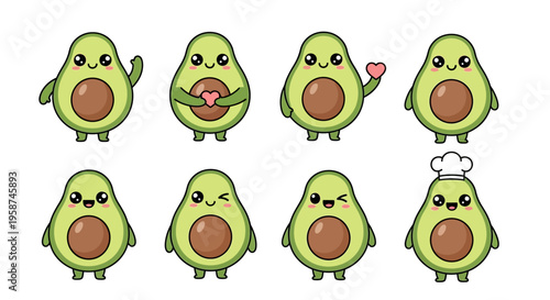 Cartoon Avocado Characters Various Emotions.