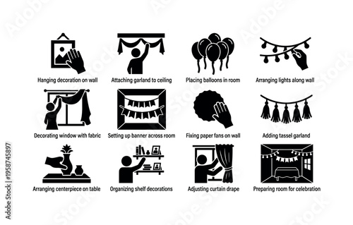Illustrations of various home decoration and party preparation steps