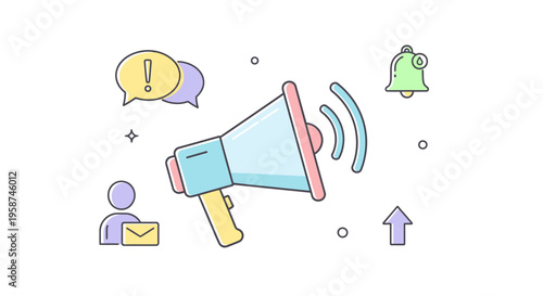 Megaphone with colorful icons around it.