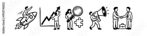 Business doodle icon set featuring startup rocket launch, growth chart, market research, marketing megaphone, and professional handshake. Hand-drawn line art style for strategy and success concepts.