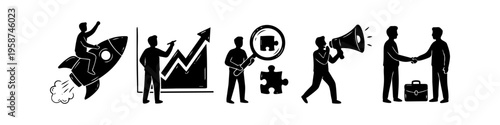 Hand-drawn business icon set featuring concepts of startup launch, financial growth, problem solving, marketing, and professional partnership agreement. Minimalist black ink doodle style.
