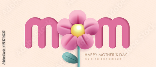 Happy Mother's Day design with floral mom typography, colorful blossoms and leaves on a light background. Modern greeting card or banner illustration in decorative spring celebration style.