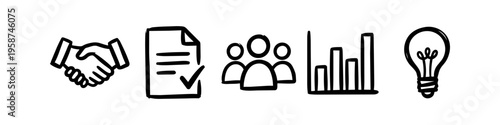 Set of hand-drawn business icons including a handshake, checklist, team, bar chart, and lightbulb. Simple black line art doodles representing collaboration, strategy, growth, and creative ideas.