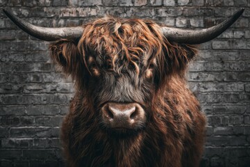 Close-up portrait of a shaggy Highland cow with long fringe standing in front of a weathered brick wall, rustic farm livestock
