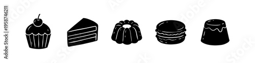 Collection of minimalist black dessert icons including a cupcake, cake slice, bundt cake, macaron, and pudding. Hand-drawn silhouette style elements perfect for bakery branding and cafe menus.