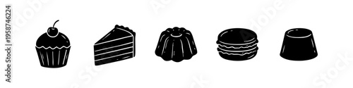 Hand-drawn black silhouette icons of assorted desserts including cupcake, cake slice, bundt cake, macaron, and pudding. Minimalist vector set for bakery, cafe menu design, isolated on white.