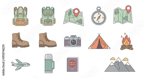 Camping and travel icons set collection.