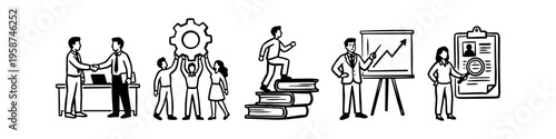Hand-drawn business icon set featuring teamwork, career growth, recruitment, and professional success illustrations in a black and white doodle style for corporate and educational use.