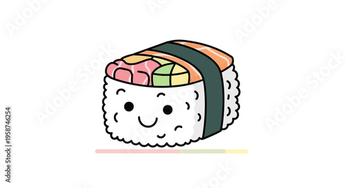 Smiling sushi roll with colorful filling.