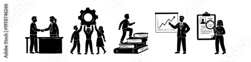 Professional black and white business icons representing recruitment, team collaboration, career advancement, and data presentation. Perfect for HR and corporate training infographics.