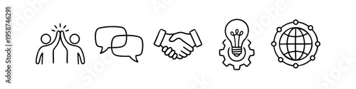 Minimalist set of business line icons featuring teamwork high five, communication speech bubbles, handshake deal, innovation light bulb gear, and a global network globe on white background.