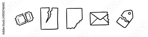 Doodle icons of torn paper elements, featuring a ripped ticket, sheet, envelope, and price tag. Hand-drawn minimalist line art style for conceptual designs of waste, damage, or termination.