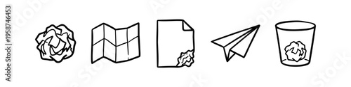 Minimalist hand-drawn icons of paper waste and recycling, featuring a crumpled ball, folded map, paper airplane, and trash bin. Black and white doodle style for office and creative concepts.