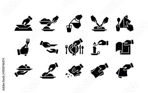 Set of icons depicting dining etiquette and serving actions