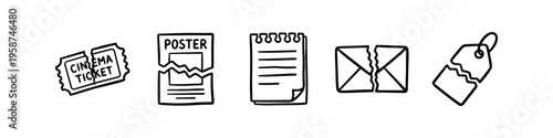 Set of hand-drawn doodle icons featuring torn paper items like a cinema ticket, poster, spiral notebook, envelope, and price tag. Minimalist black and white vector illustration on white background.
