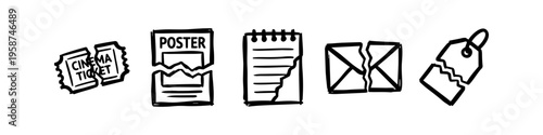 A set of five hand-drawn doodle icons showing torn items: a cinema ticket, poster, spiral notebook page, envelope, and price tag. Minimalist black and white vector line art on white background.