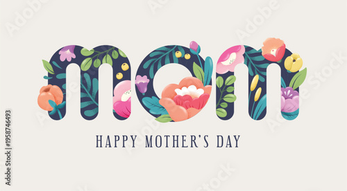 Happy Mother's Day typography with purple lettering, daisy flower and soft decorative accents on a light background. Modern greeting card or banner illustration in elegant floral style.