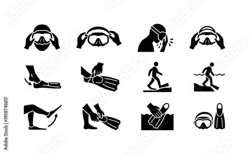 Instructions for putting on diving mask and fins for water activities