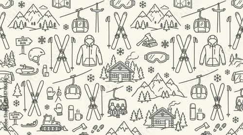 Seamless Winter Ski Resort Line Art Pattern with Detailed Black Icons on Light Beige Background