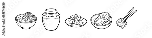 Hand-drawn line art set of traditional Korean kimchi including Napa cabbage, radish kkakdugi, a fermentation jar, and chopsticks. Minimalist black and white food illustrations for menu design.