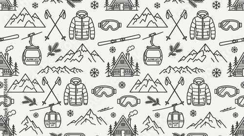 Seamless Winter Ski Resort Line Art Pattern with Black Icons on Light Beige Background
