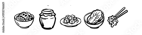 Hand-drawn black and white line art icons of traditional Korean food, featuring kimchi in a bowl, a fermentation jar, tofu, and napa cabbage. Minimalist vector illustration for culinary design.