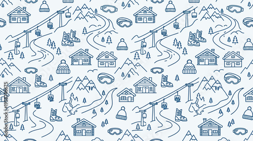 Scenic Winter Mountain Ski Resort Seamless Pattern with Chalets, Lifts, and Snow-capped Peaks in Light Blue Studio Background.